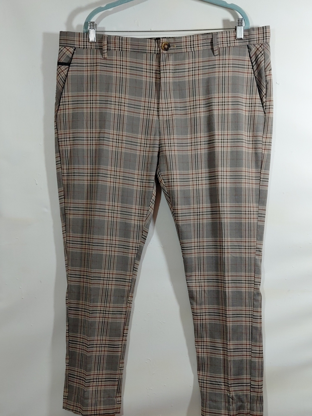 Suslo Couture Men's Gray Tan Plaid Dress Pants With Suspenders  42Wx30L